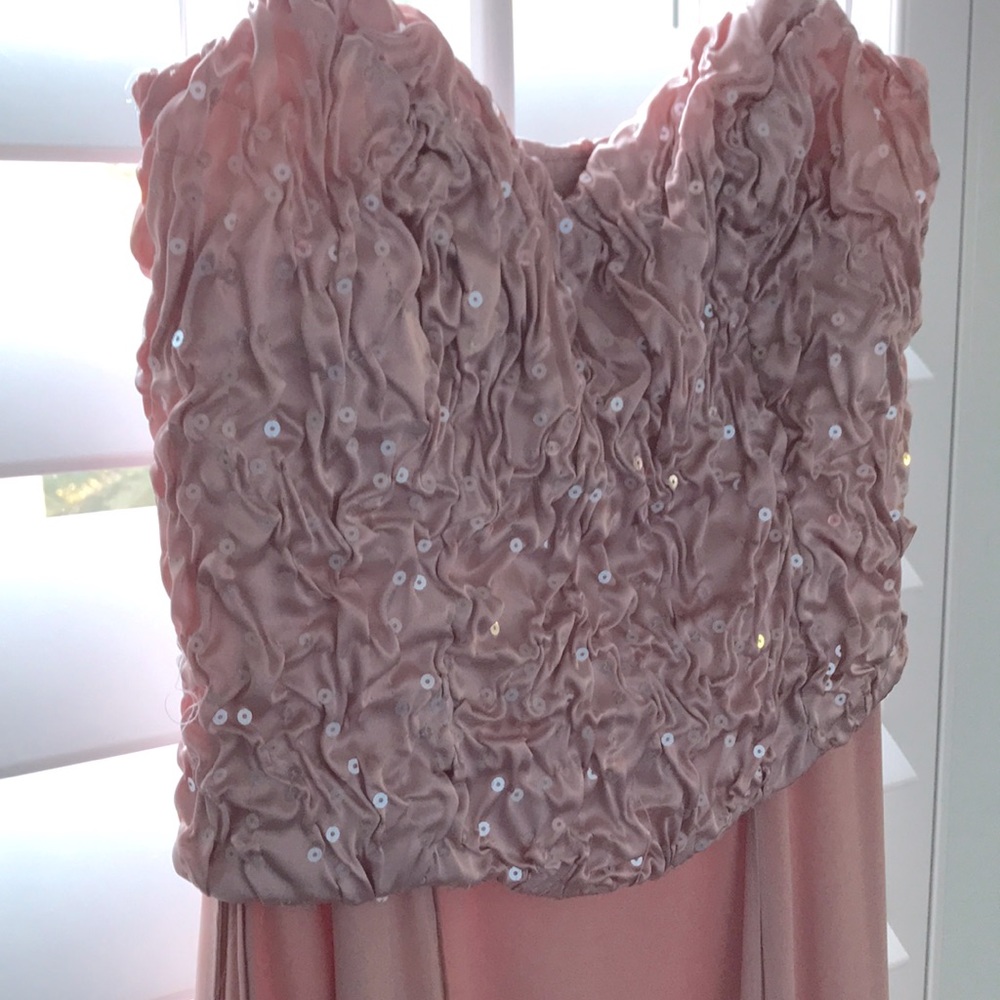 Designer dusty-rose long gown,sequined ruffled top,flowing  pleated bottom